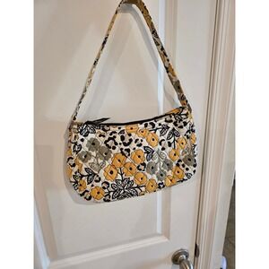 Vera Bradley Quilted Floral Shoulder Bag Yellow Black White Baguette Style